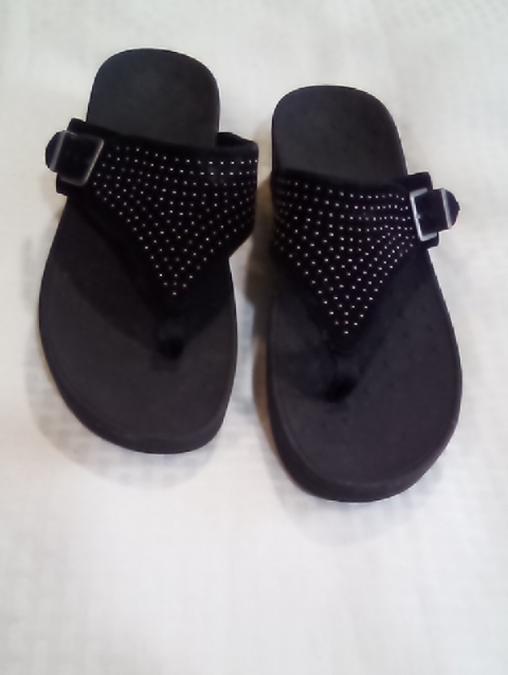 Vionic Black Studded Thong Sandals with Buckle Accent